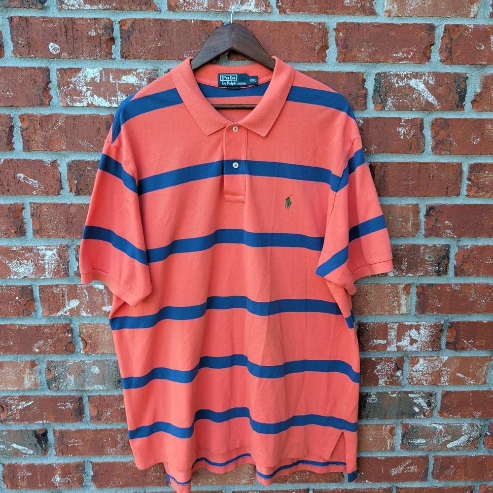 Polo Ralph Lauren Polo Shirt Mens XXL Orange Blue Striped Short Sleeve Cotton